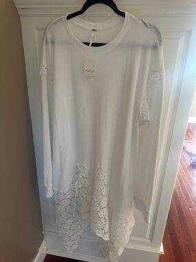 Free People Ivory Waffle Knit Long Sleeve Tunic with lace